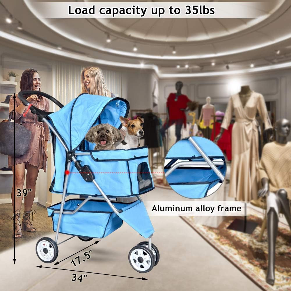 Pet Stroller Joggers Cat Dog Cage 3 Wheel Travel Folding Carriage Strollers with Cup Holder and Removable Pad