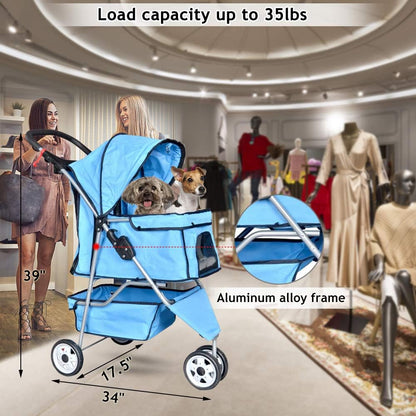 Pet Stroller Joggers Cat Dog Cage 3 Wheel Travel Folding Carriage Strollers with Cup Holder and Removable Pad